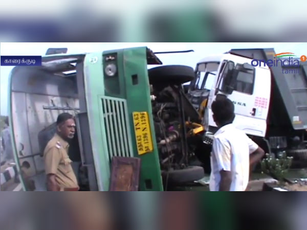 A government bus met with an accident when a lorry hit on that bus in karaikudi A government bus met with an accident when a lorry hit on that bus in karaikudi