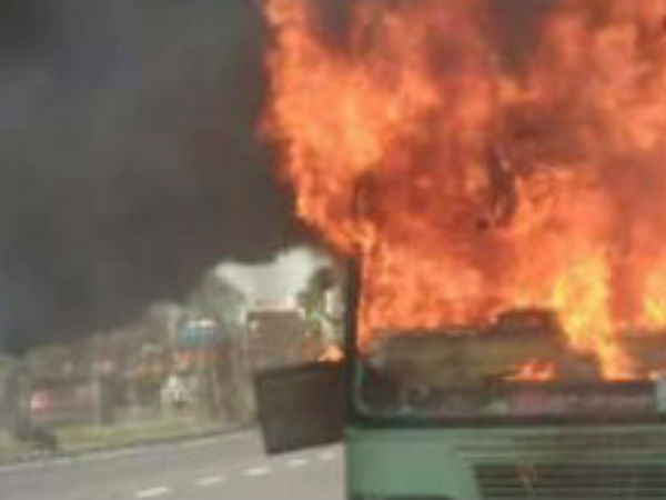 Government bus set fired near Rameshwaram Government bus set fired near Rameshwaram
