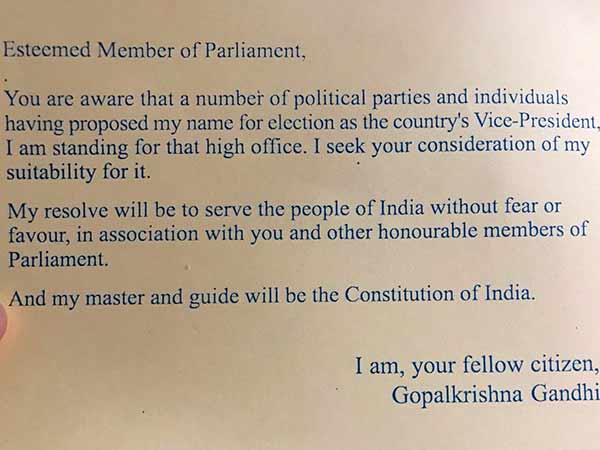 Vice-Presidential election, Gopalkrishna Gandhi writes letter to MP seeking support Vice-Presidential election, Gopalkrishna Gandhi writes letter to MP seeking support