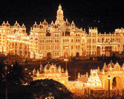 Mysore palace lit with thousands of light on the eve of Dasara