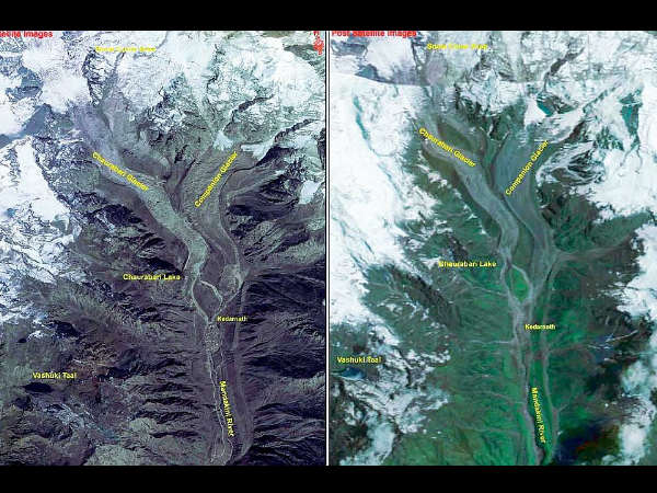 உடைந்த பனிச்சிகரங்கள்.. உருக்குலைந்த கேதர்நாத்.. நாசாவின் செயற்கைக் கோள் படங்கள்!