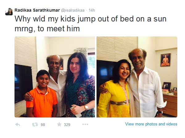 Actress Radikaa Sarathkumar takes her kids to meet Rajinikanth Actress Radikaa Sarathkumar takes her kids to meet Rajinikanth