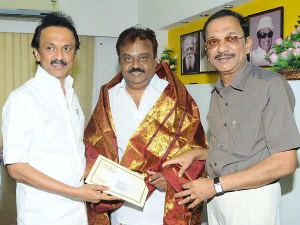 Stalin meets Vijayakanth Stalin meets Vijayakanth