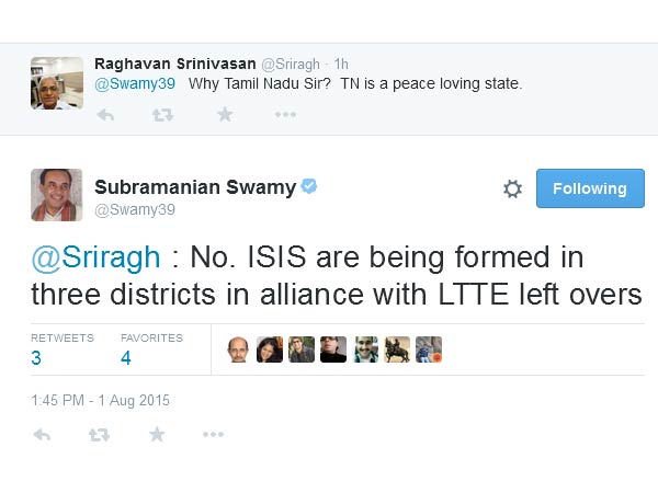 ISIS threat: Subramaniyan Swamy wants president rule in Tamilnadu ISIS threat: Subramaniyan Swamy wants president rule in Tamilnadu