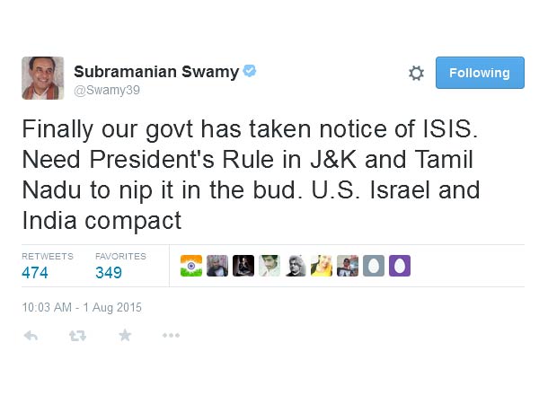 ISIS threat: Subramaniyan Swamy wants president rule in Tamilnadu ISIS threat: Subramaniyan Swamy wants president rule in Tamilnadu