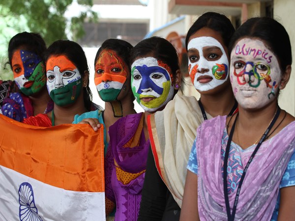 chennai college students, their faces painted with emblem of the Rio 2016 chennai college students, their faces painted with emblem of the Rio 2016