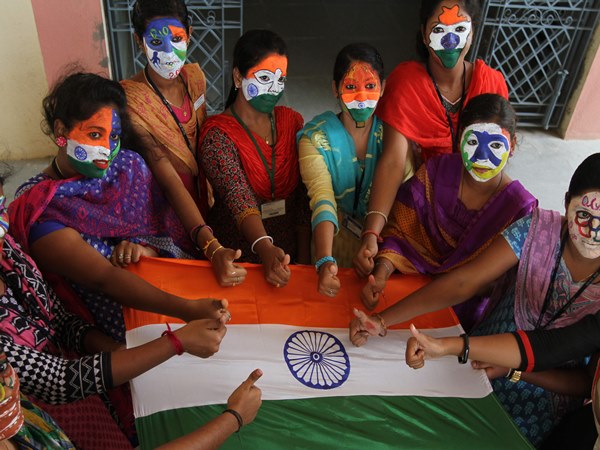 chennai college students, their faces painted with emblem of the Rio 2016 chennai college students, their faces painted with emblem of the Rio 2016