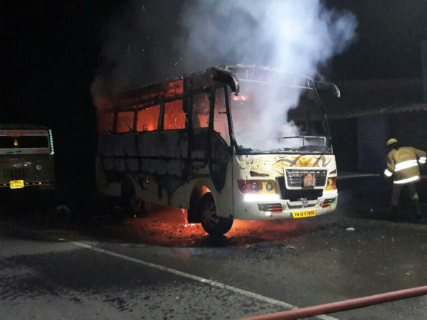 Tourist van caught fire at Edappadi Tourist van caught fire at Edappadi
