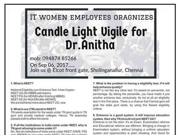 IT Professionals to hold Candle Light Vigil for Anitha IT Professionals to hold Candle Light Vigil for Anitha