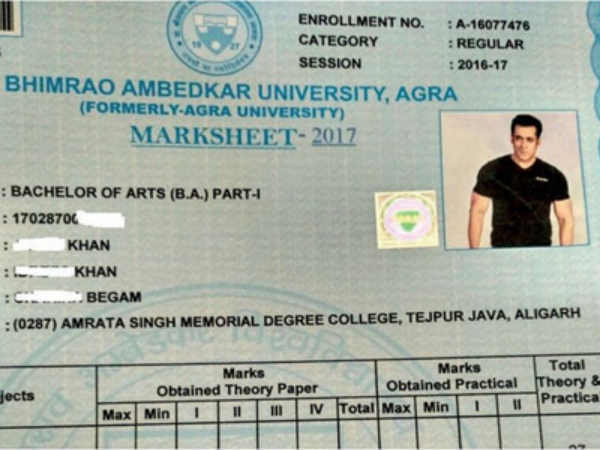 Salman Khan's photo in a BA marksheet from Agra university with just 35% marks Salman Khan's photo in a BA marksheet from Agra university with just 35% marks