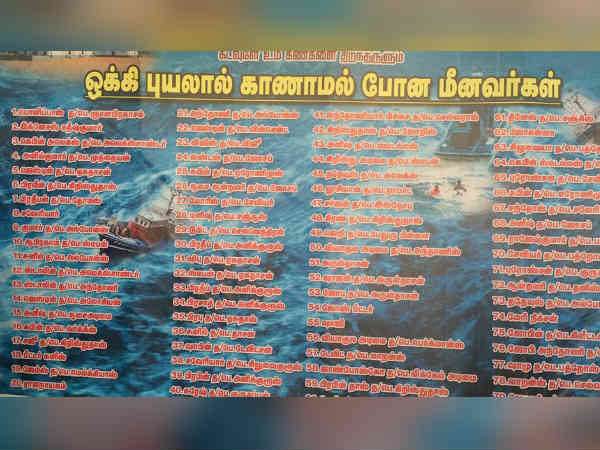 In Kanniyakumari Marthandam village a banner kept with the name list of missing fishermen In Kanniyakumari Marthandam village a banner kept with the name list of missing fishermen