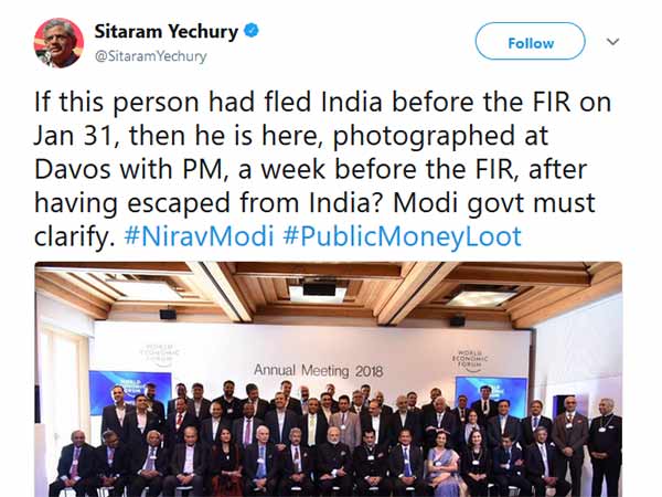 Sitaram Yechury questions Nirav Modi's presence with PM Modi Sitaram Yechury questions Nirav Modi's presence with PM Modi