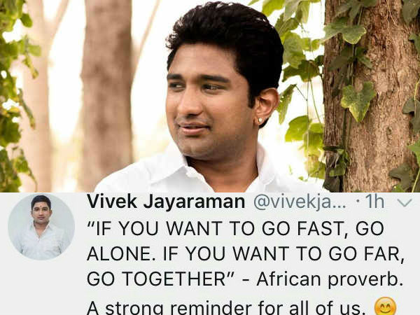 Vivek Jayaramans tweets tempering TTV Dinakaran and his supporters Vivek Jayaramans tweets tempering TTV Dinakaran and his supporters