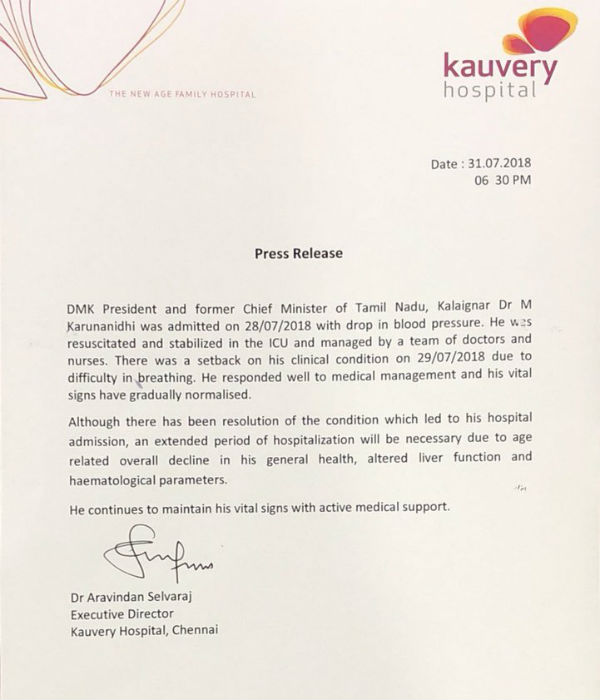 Extended period of hospitalization will be necessary for Karunanidhi: Kauvery hospital Extended period of hospitalization will be necessary for Karunanidhi: Kauvery hospital