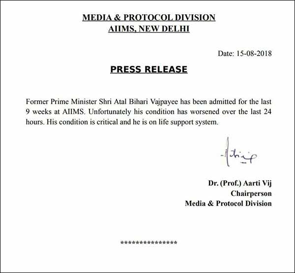 Atal Bihari Vajpayee health condition critical, on life support Atal Bihari Vajpayee health condition critical, on life support