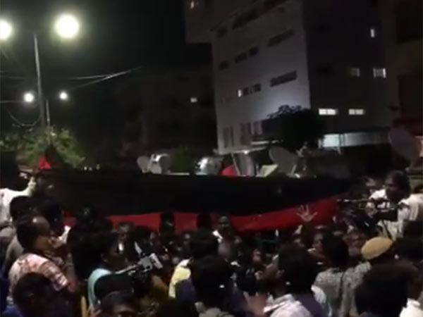 DMK Cadres takes huge DMK flag in front of Kauvery Hospital DMK Cadres takes huge DMK flag in front of Kauvery Hospital