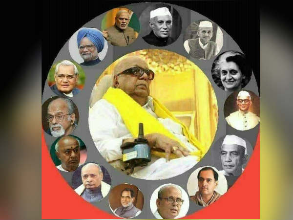Karunanidhi was the only leader who worked with 14 Prime ministers Karunanidhi was the only leader who worked with 14 Prime ministers