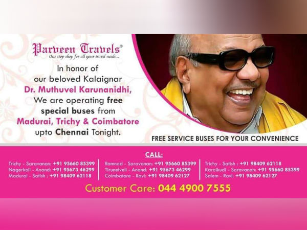 Parveen travels operates free service buses to Chennai Parveen travels operates free service buses to Chennai