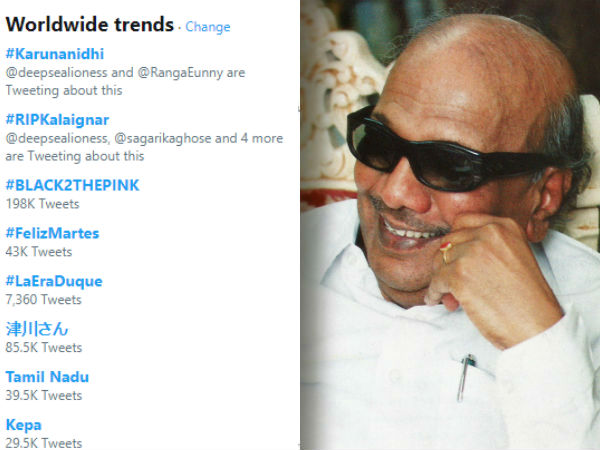 Karunanidhi name is trending worldwide on Twitter Karunanidhi name is trending worldwide on Twitter