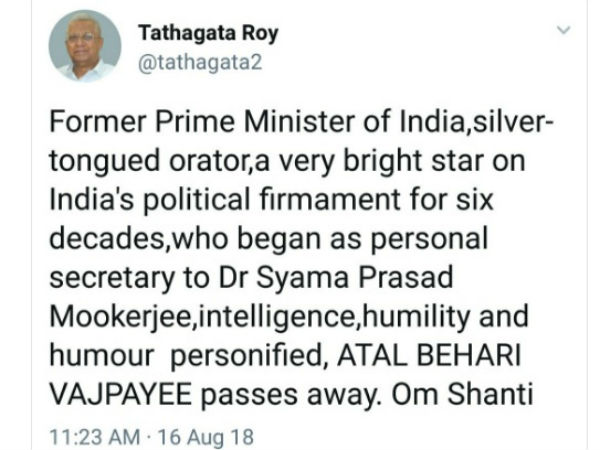 Tripura Governor Tweet abt Vajpayee Tripura Governor Tweet abt Vajpayee