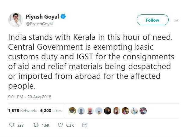 Modi government is exempting basic customs duty and IGST for the Kerala flood relief materials Modi government is exempting basic customs duty and IGST for the Kerala flood relief materials