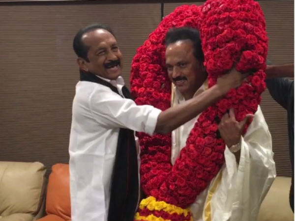 MDMK leader Vaiko has greeted newly selected DMK president MK Stalin MDMK leader Vaiko has greeted newly selected DMK president MK Stalin