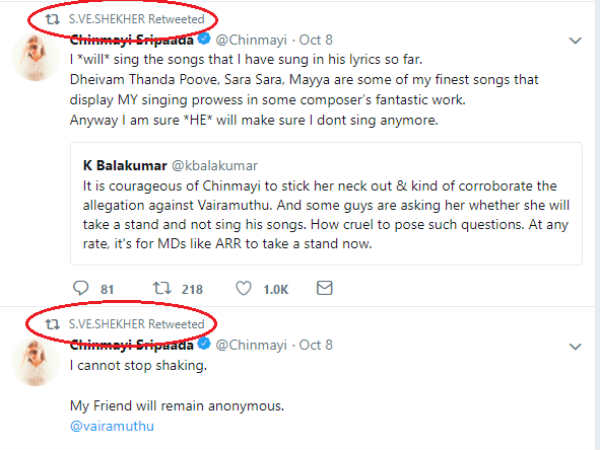 S. Ve. Shekher tweets about Chinmayi allegations against Vairamuthu S. Ve. Shekher tweets about Chinmayi allegations against Vairamuthu