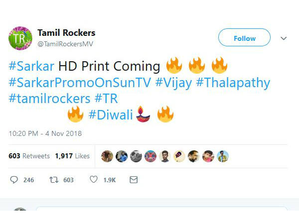Tamil Rockers tweet that it will release Sarkar HD print soon Tamil Rockers tweet that it will release Sarkar HD print soon