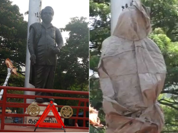 Anna statue covered with gunny bags Anna statue covered with gunny bags