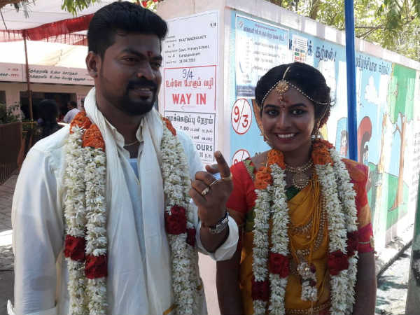 Newly wed pair come to vote after marriage Newly wed pair come to vote after marriage