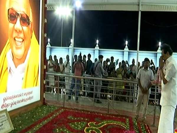 M K Stalin pays respect to Karunanidhi in Marina Memorial M K Stalin pays respect to Karunanidhi in Marina Memorial