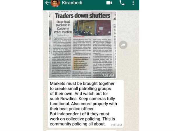 kiran bedi calls traders to form teams to save them from rowdies kiran bedi calls traders to form teams to save them from rowdies