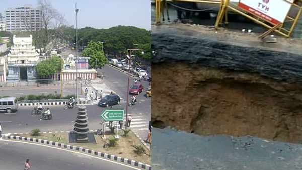 Again a Sudden hollow on road near Chennai Madhya Kailash Signal Again a Sudden hollow on road near Chennai Madhya Kailash Signal