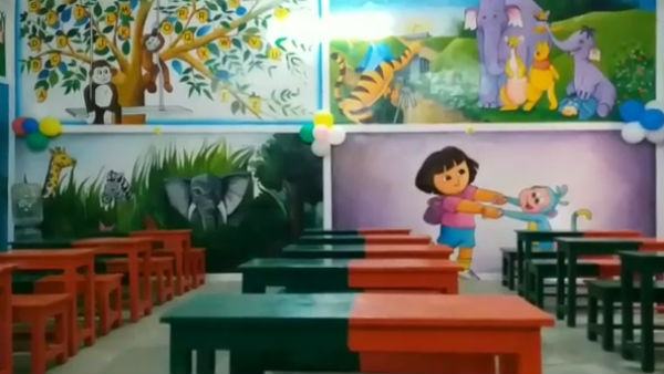 Benches were painted as BJP flag in Villupuram Government school Benches were painted as BJP flag in Villupuram Government school