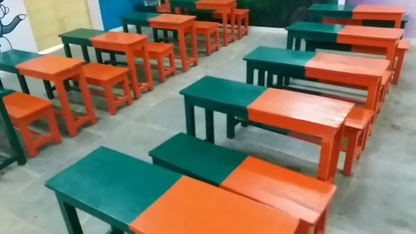 Benches were painted as BJP flag in Villupuram Government school Benches were painted as BJP flag in Villupuram Government school