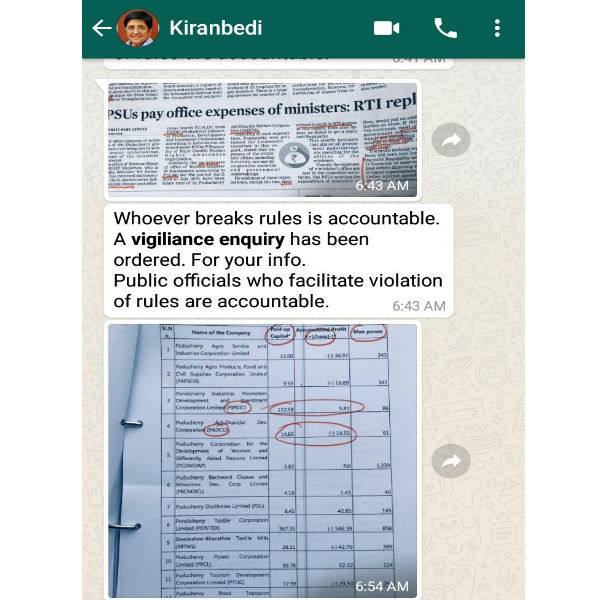 Puducherry Governor Kiran bedi allegations of corruption On Ministers Puducherry Governor Kiran bedi allegations of corruption On Ministers
