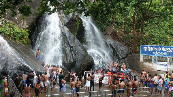 Moderate watering in the Courtallam Falls, Tourists Enjoying Moderate watering in the Courtallam Falls, Tourists Enjoying