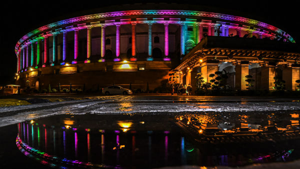 Permanent colourful lights on the Indian Parliament building Permanent colourful lights on the Indian Parliament building