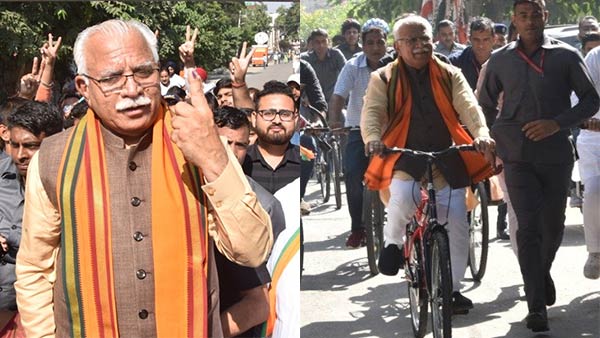 Haryana CM Manohar Lal casts his vote; reaches polling by bicycle Haryana CM Manohar Lal casts his vote; reaches polling by bicycle