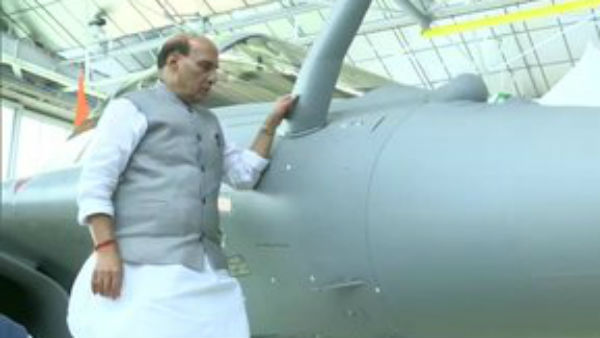 Rajnath Singh performs Shastra Puja, on the Rafale combat jet Rajnath Singh performs Shastra Puja, on the Rafale combat jet
