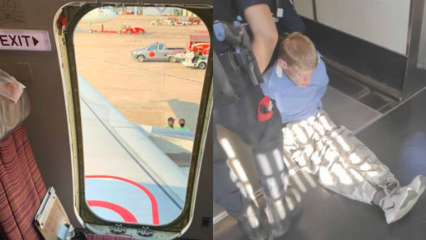 A Crazed passenger ripped planes emergency door moments before take-off A Crazed passenger ripped planes emergency door moments before take-off