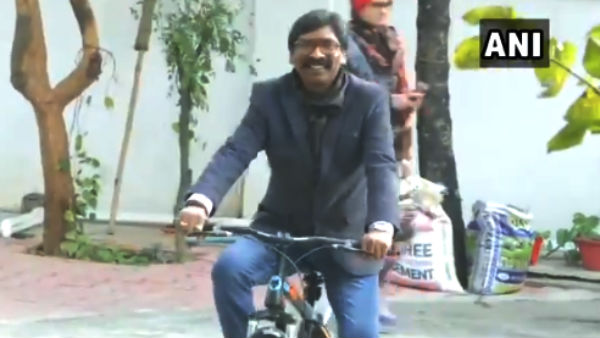 JMM Chief Hemant Soren rides a cycle at his residence in Ranchi JMM Chief Hemant Soren rides a cycle at his residence in Ranchi