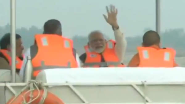 Kanpur: Prime Minister Narendra Modi takes a boat ride in river Ganga at Atal ghat Kanpur: Prime Minister Narendra Modi takes a boat ride in river Ganga at Atal ghat