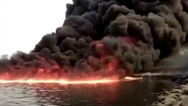 Crude oil pipeline bursts: Assam river on fire for 3 days Crude oil pipeline bursts: Assam river on fire for 3 days
