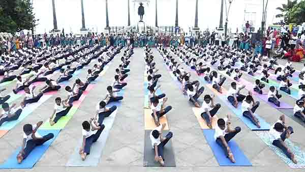 In Puducherry Beach Road School students perform various yoga poses In Puducherry Beach Road School students perform various yoga poses