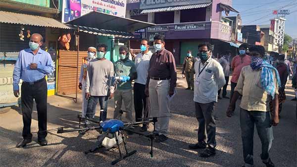 Antiseptic is sprayed on the streets by drone in Cuddalore district Antiseptic is sprayed on the streets by drone in Cuddalore district