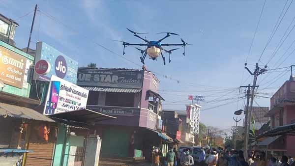 Antiseptic is sprayed on the streets by drone in Cuddalore district Antiseptic is sprayed on the streets by drone in Cuddalore district