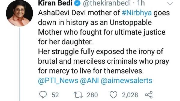 Puducherry Governor Kiran bedi comment on the execution of Nirbhaya case convicts Puducherry Governor Kiran bedi comment on the execution of Nirbhaya case convicts