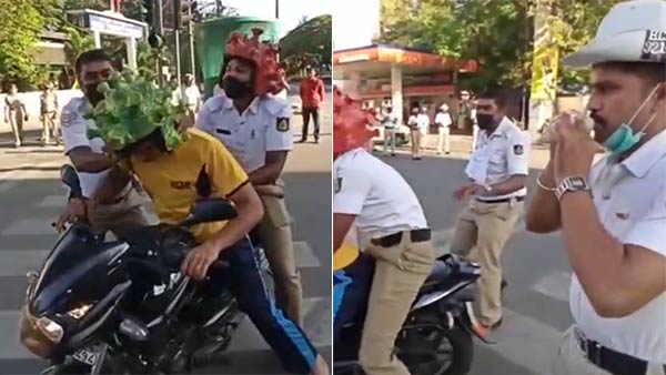 coronavirus: karnataka police uses coronavirus helmet and creates awareness of the virus coronavirus: karnataka police uses coronavirus helmet and creates awareness of the virus