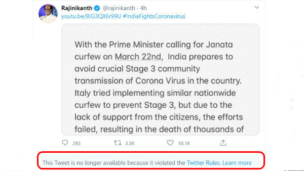 Twitter removed Rajinikanth video Twitter removed Rajinikanth video
